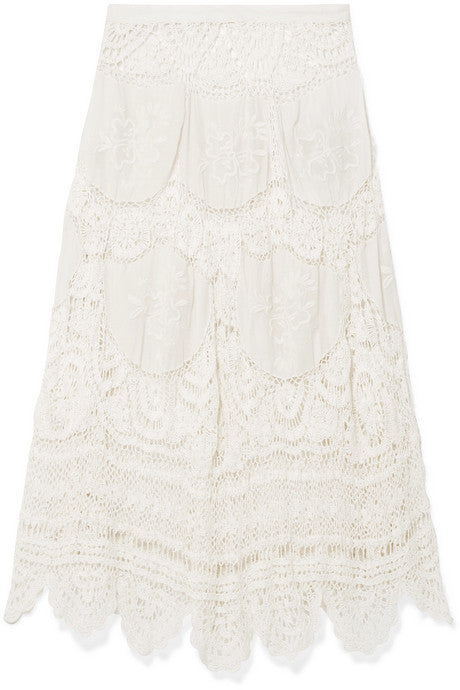 Drew crocheted lace and embroidered voile midi skirt