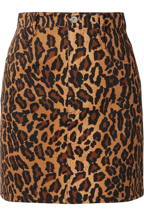 Appliquéd leopard-print denim mini skirt