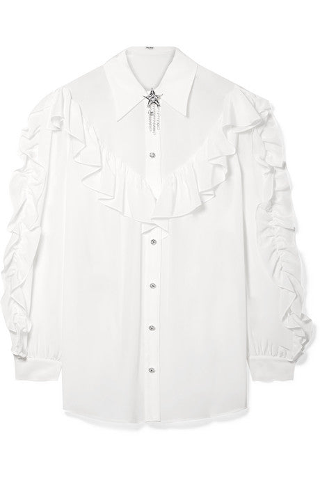 Crystal-embellished ruffled silk-georgette blouse