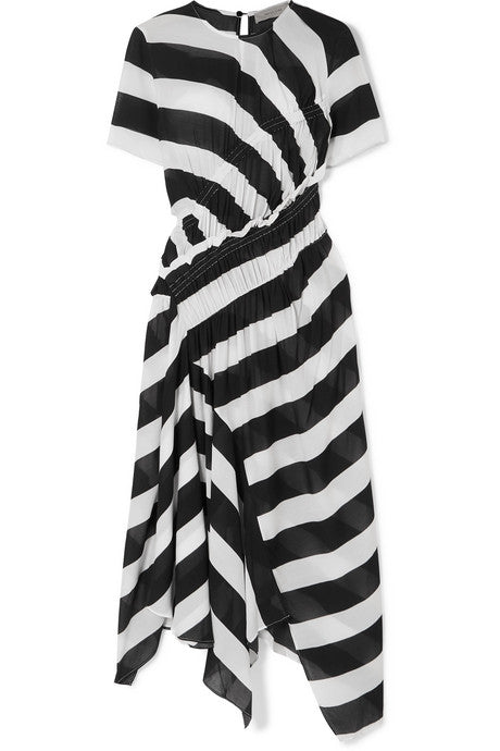 Sida asymmetric ruched striped crepe de chine midi dress