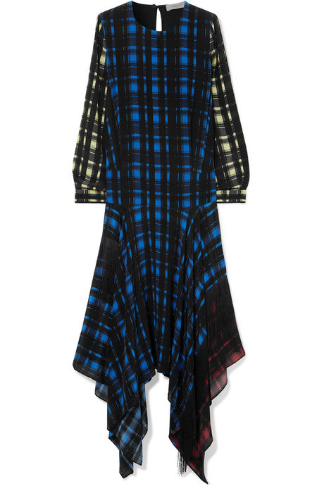 Coco asymmetric fringed checked crepe de chine dress