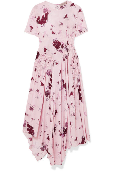 Lois asymmetric shirred floral-print georgette midi dress