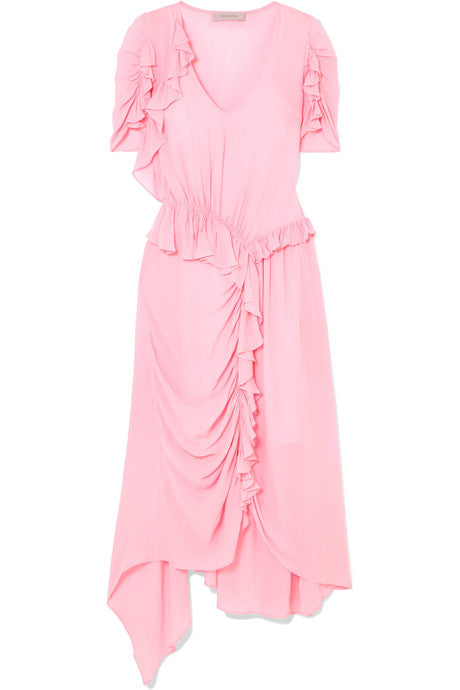 Ayaka ruffled ruched asymmetric crepe de chine dress