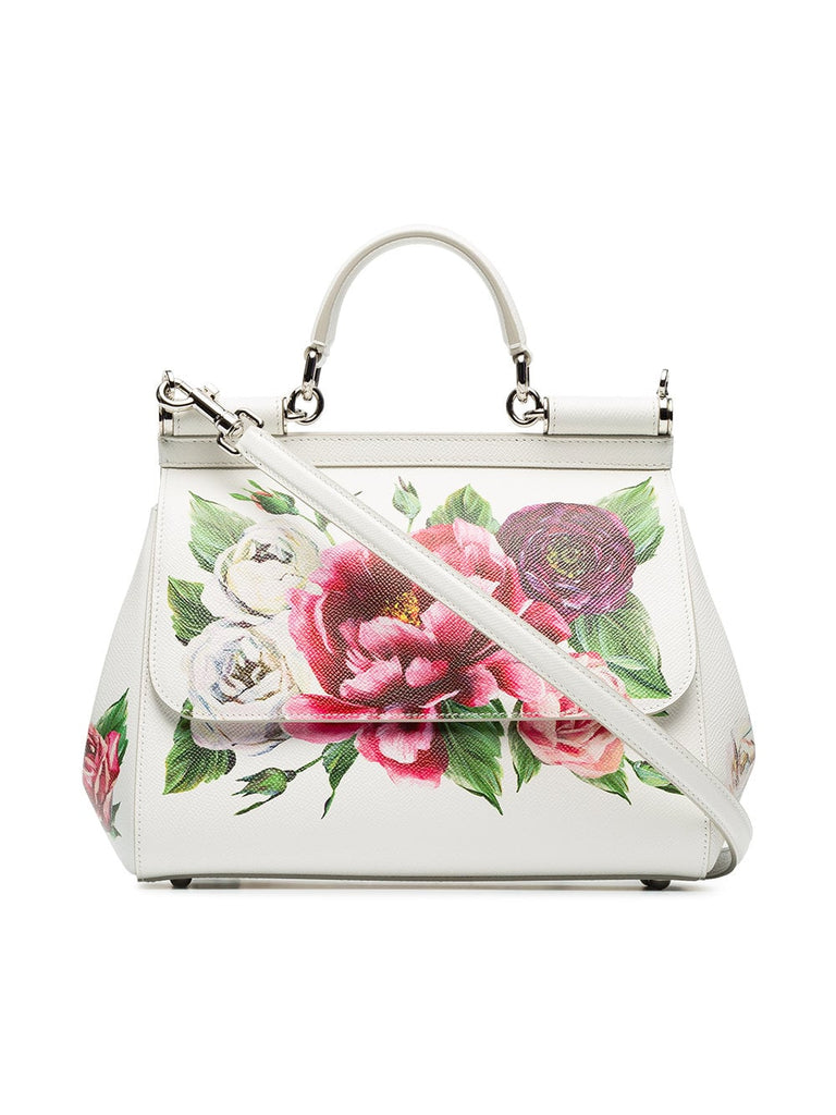 white, red and green sicily rose print leather handbag