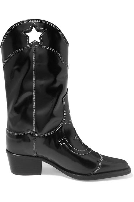 Embroidered patent-leather cutout boots