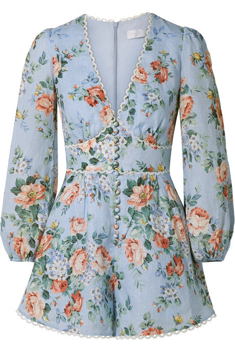 Bowie crochet-trimmed floral-print linen playsuit