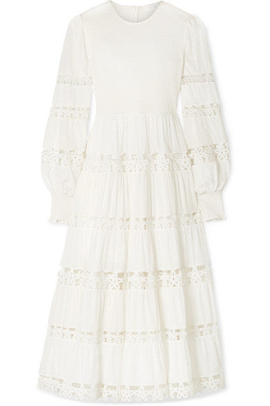 Primrose Daisy smocked crochet-trimmed fil coupé cotton-voile midi dress