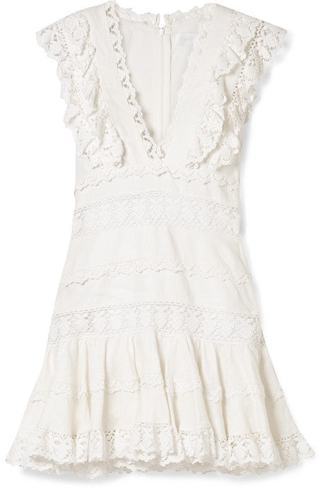 Wayfarer ruffled crochet-trimmed linen mini dress