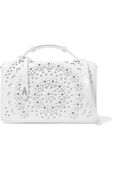 Small appliquéd laser-cut leather shoulder bag