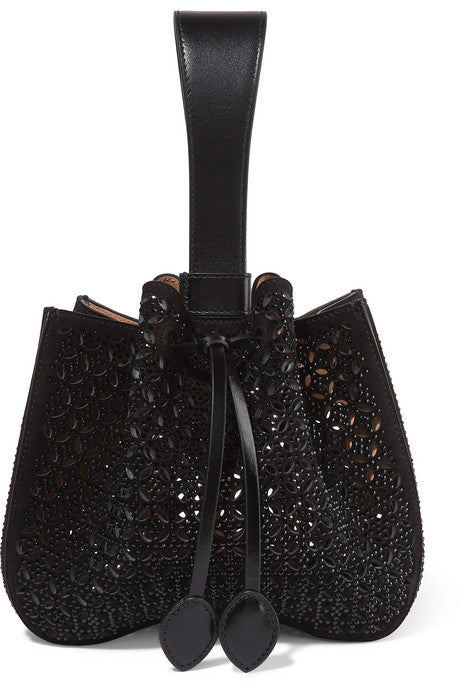 Small embellished laser-cut suede and leather bucket bag