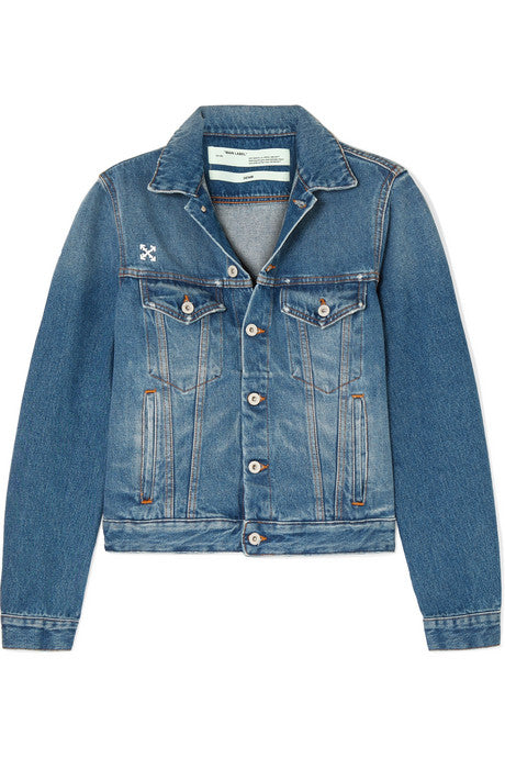 Distressed appliquéd denim jacket