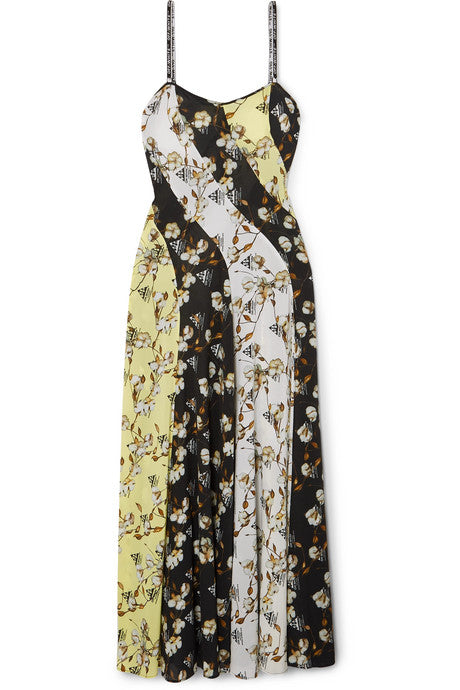 Paneled floral-print intarsia-trimmed crepe de chine maxi dress