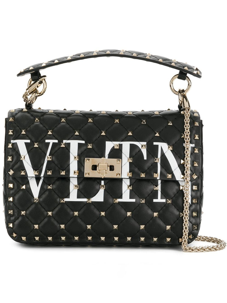 black VLTN rockstud spike leather shoulder bag