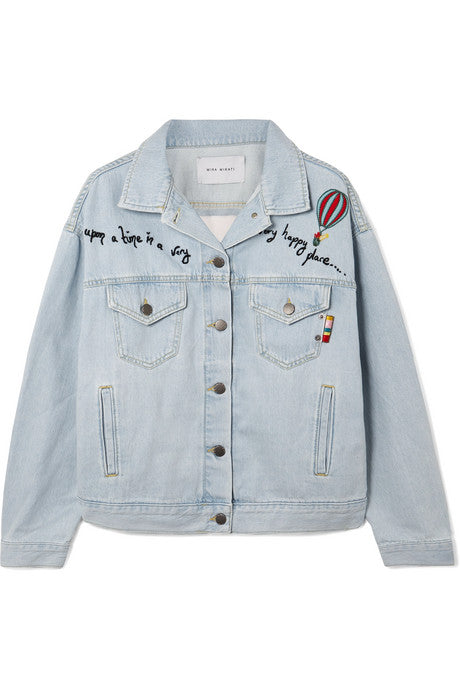 Embroidered tulle-paneled denim jacket