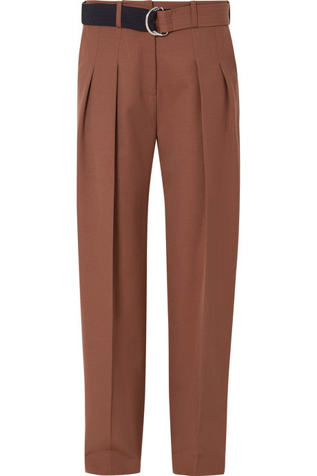 Belted pleated wool tapered pants