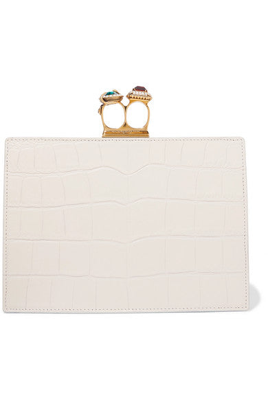 Knuckle embellished croc-effect leather clutch