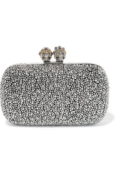 Queen and King crystal-embellished suede clutch