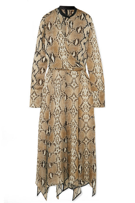 Asymmetric leather-trimmed snake-print silk-chiffon midi dress