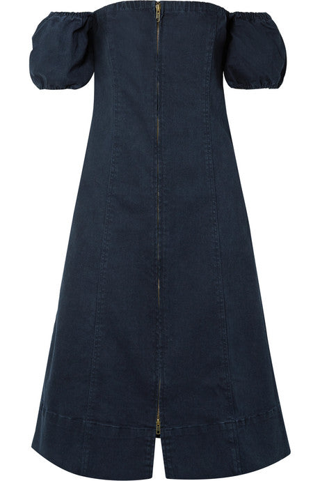 Isla Mujeres off-the-shoulder stretch-denim midi dress