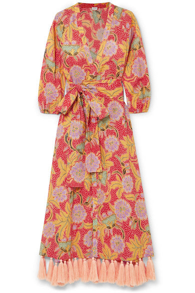 Lena tasseled floral-print cotton-voile wrap dress