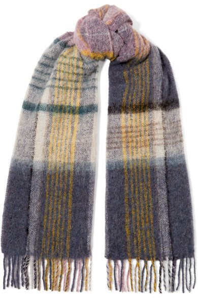 Fresia fringed checked knitted scarf