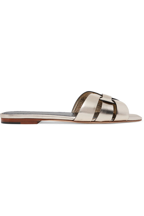 Nu Pieds woven metallic leather slides