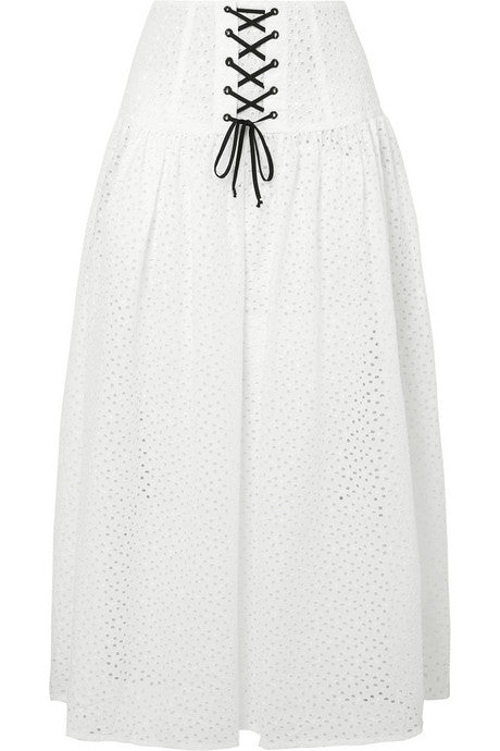 Riviera lace-up broderie anglaise cotton midi skirt