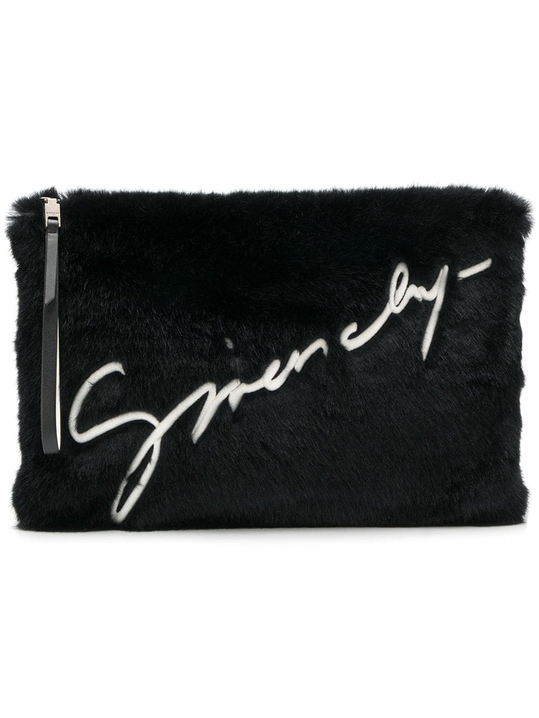 faux fur logo clutch bag