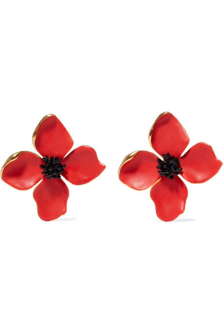 Painted Flower Button gold-tone and resin clip earrings