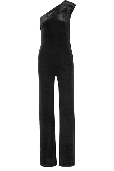 One-shoulder stretch-velvet jumpsuit