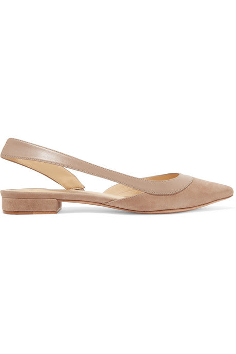 Wavee leather-trimmed suede slingback point-toe flats