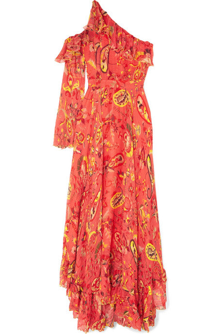 One-shoulder ruffle-trimmed printed chiffon maxi dress