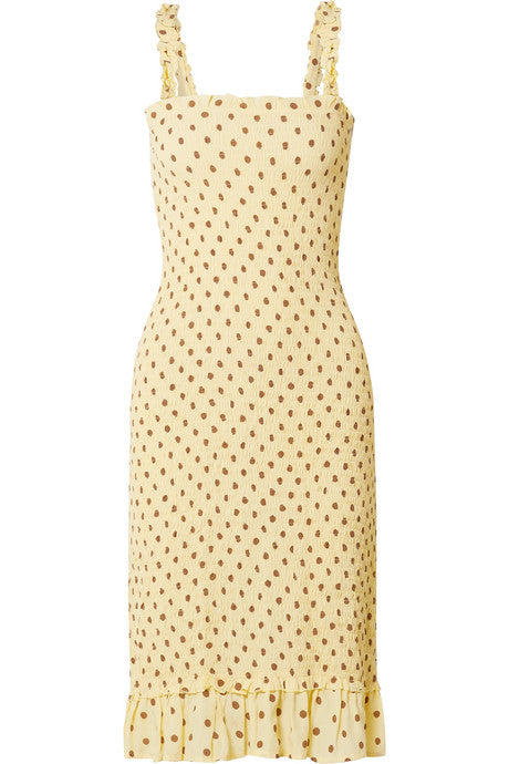 Nadine ruffled smocked polka-dot crepe midi dress