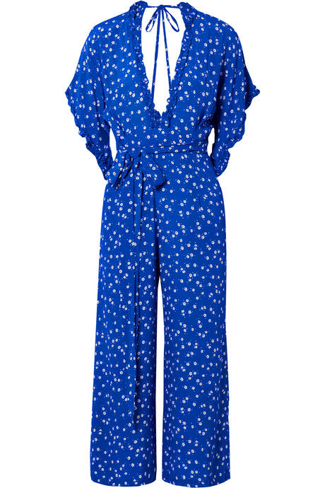 La Villa tie-detailed ruffled floral-print crepe jumpsuit