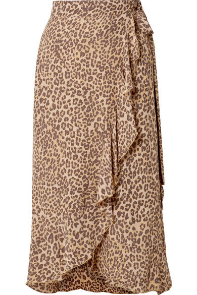 Celeste ruffled leopard-print crepe wrap skirt