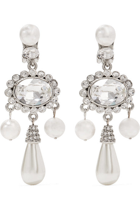 Silver-plated, faux pearl and Swarovski crystal clip earrings