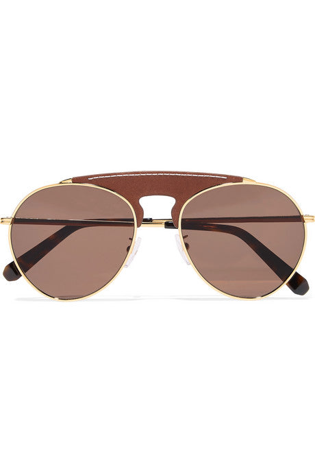 Pilot aviator-style gold-tone and textured-leather sunglasses