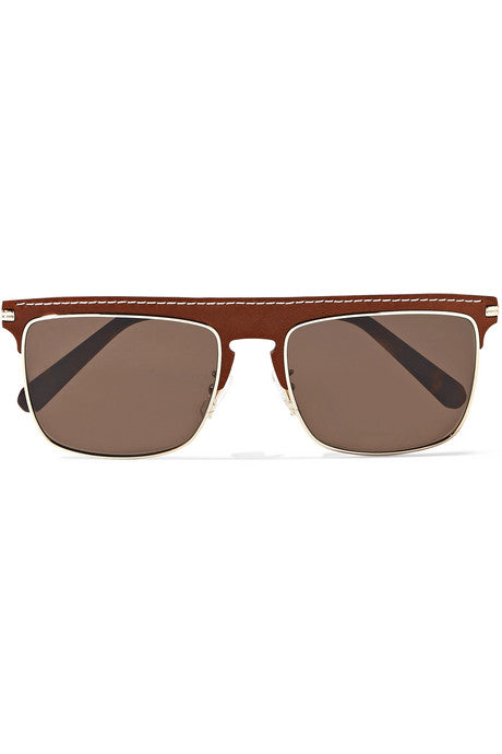 D-frame gold-tone and textured-leather sunglasses