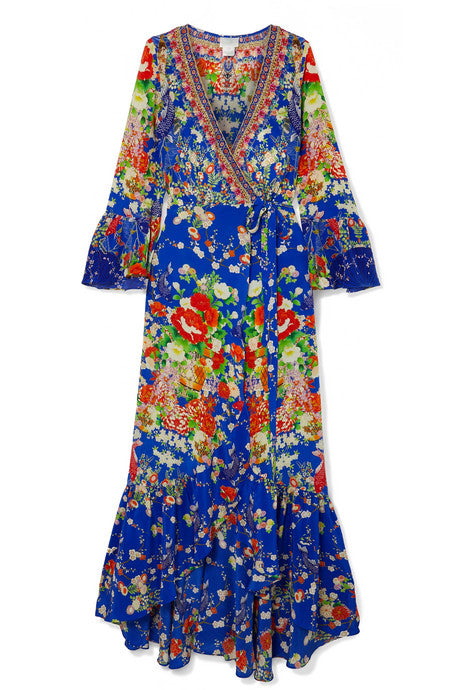 Embellished printed silk crepe de chine wrap dress