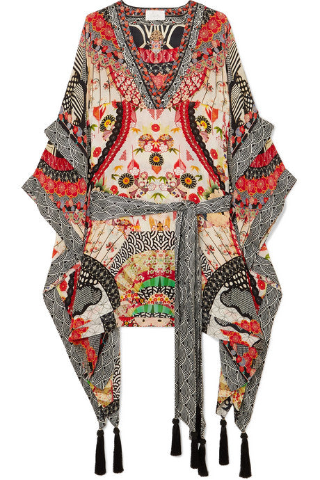 Embellished printed silk crepe de chine kaftan