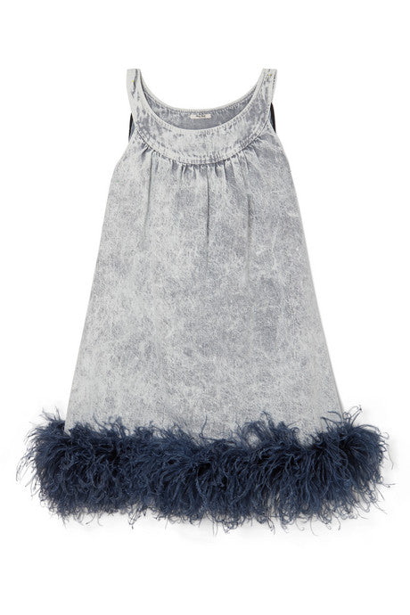 Feather-trimmed embroidered denim mini dress