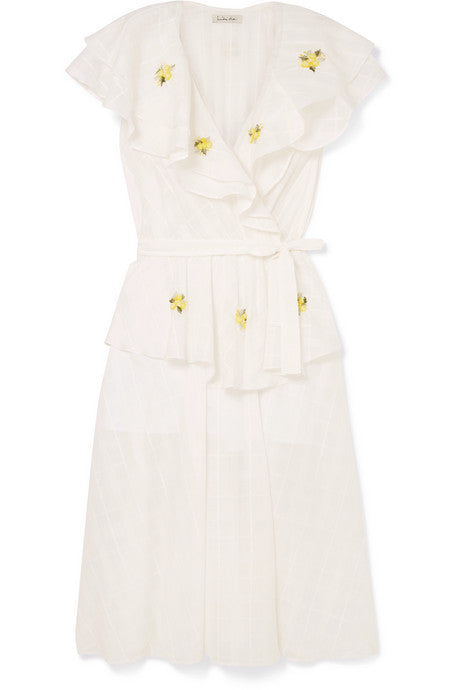 Pi Furlunche wrap-effect embroidered linen-jacquard dress