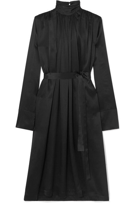 Belted silk-satin turtleneck midi dress