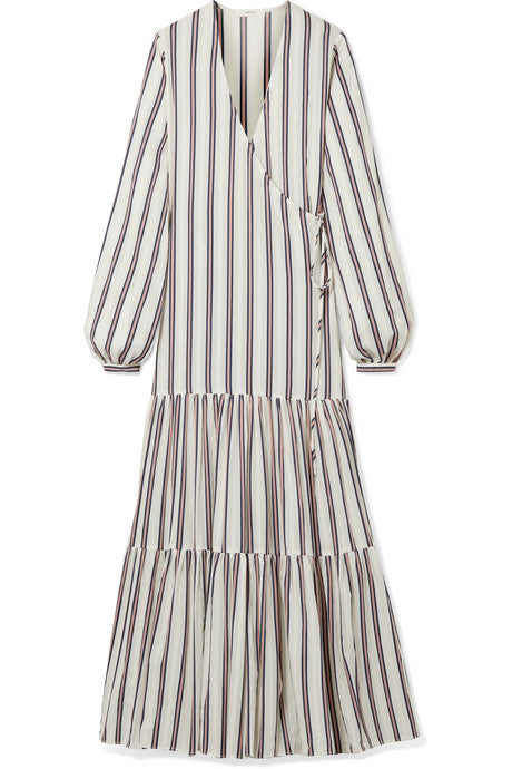 Tiered striped cotton-blend voile wrap maxi dress