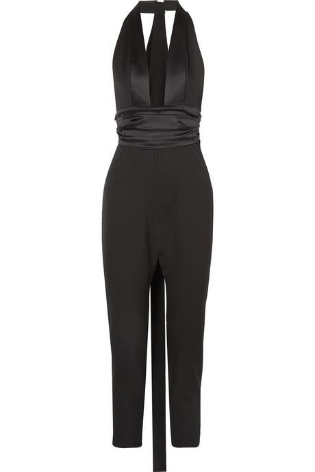 Satin-trimmed grain de poudre wool-blend jumpsuit