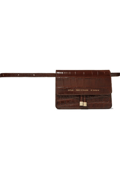 Mini croc-effect glossed-leather belt bag