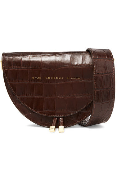 Tasseled croc-effect glossed-leather shoulder bag