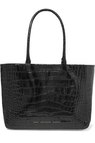 Glossed croc-effect leather tote