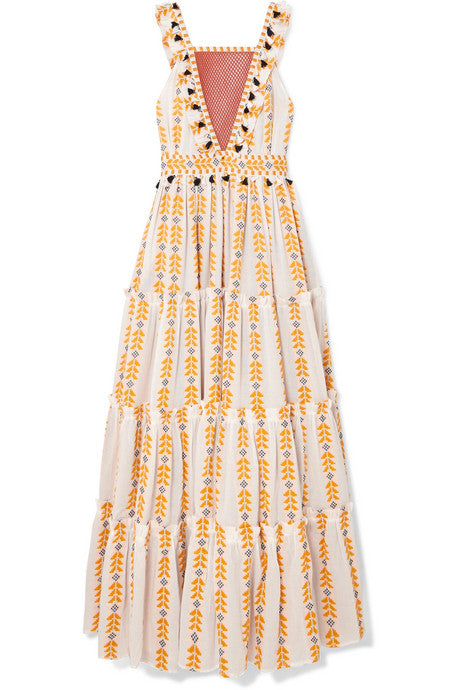 Tiered crochet-trimmed cotton-jacquard maxi dress