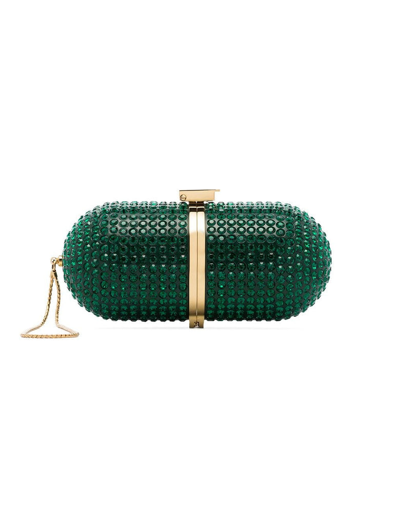 green crystal embellished pill clutch